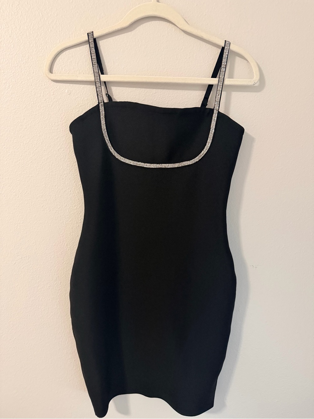 Commense Black Mini Dress with Rhinestone-Trim Straps